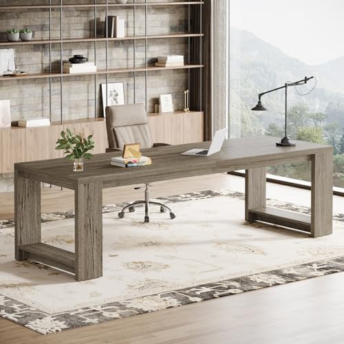 Image of Tribesigns Two Person Desk, 86.6-Inch Extra Long Desk, Double Computer Writing Table, Wood Large Desks Workstation for Home Office, Grey