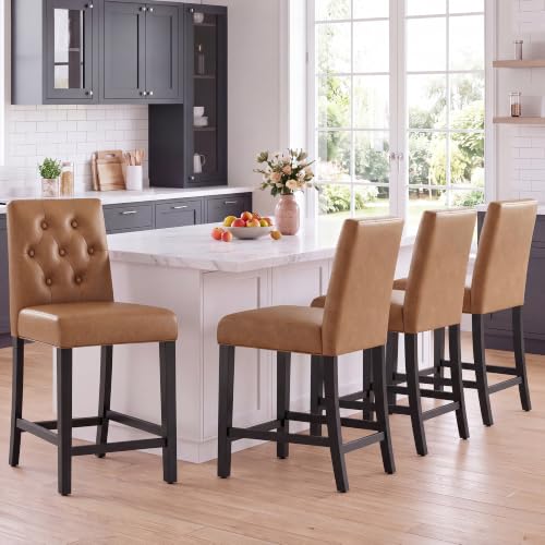 Image of MALOL Bar Stools Set of 2 Faux Leather Counter Height Bar Stools,Lightbrown