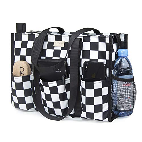 TOPDesign Bolsa utilitária resistente à água com 13 bolsos externos e internos, fecho superior com zíper e suporte grosso na parte inferior, para mulheres trabalhadoras, professores, enfermeiras, contadores, Tabuleiro de xadrez, Medium