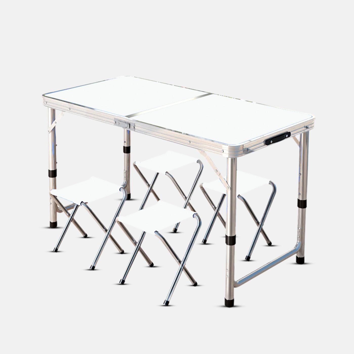 KKTECH Aluminium Alloy Height-Adjustable Folding Table Set with 4 Foldable Stools – Portable Camping, Picnic, Party, BBQ, Indoor/Outdoor Multi-Functional Table - 120x60x70cm (White)