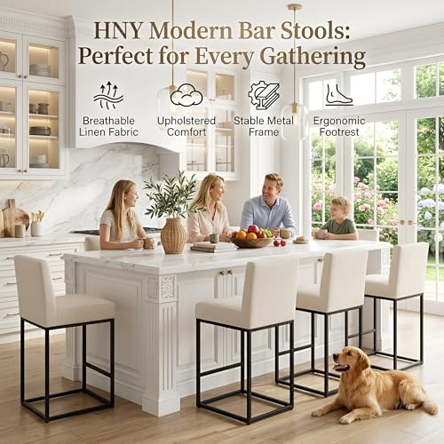 Image of HNY Modern Counter Height Bar Stools Set of 3, Linen Fabric Upholstered Bar Stool with Backs, 27 Inch Kitchen Island Stools with Black Metal Frame, Cream
