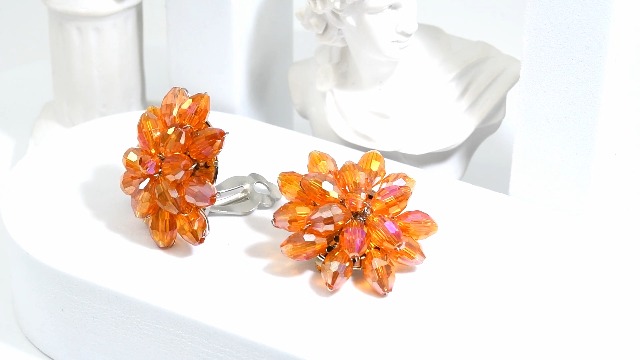 Aros Clip-On Naranja con Flor Crisantemo y Cristal miniatura 7