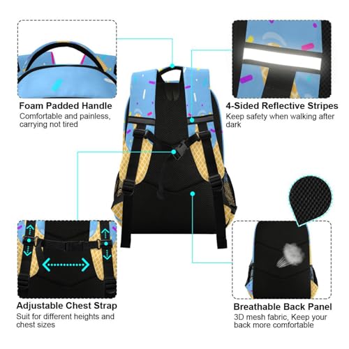 Blue Ice Cream Backpacks with Chest Strap,Lightweight Bookbags 17 Inch, Casual Daypack Bags4