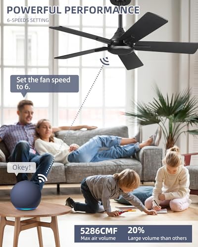 Image of YOUKAIN 42 Inch Smart Ceiling Fan Without Lights, Black Modern Ceiling Fan with Remote & Voice Control, Reversible Blades, Indoor Outdoor Ceiling Fan for Patio Living Room, 42-YJ812-BK-NL
