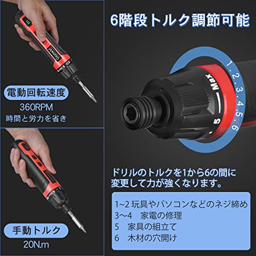 Goowin 電動ドライバー 充電式 6N.m 電量表示 6段階トルク調節機能 連続使用時間90分 18650電池交換可能 初心者対応 pse認証 日本語説明書付き (黒赤) 3枚目