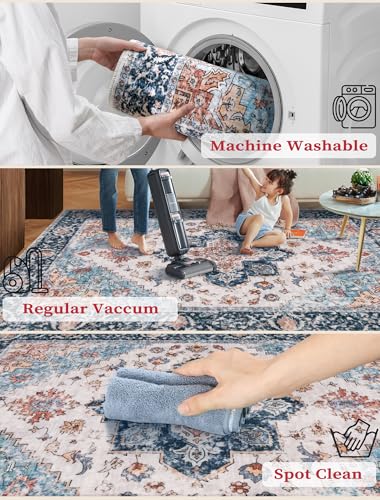 SERISSA Boho Washable Runner Rug, 2'6"x8' Non-Slip Vintage Blue Orange Hallway Kitchen Runner Rug Ultra Soft Print Distressed Tribal Floor Carpet for Bedroom Bathroom Laundry Room