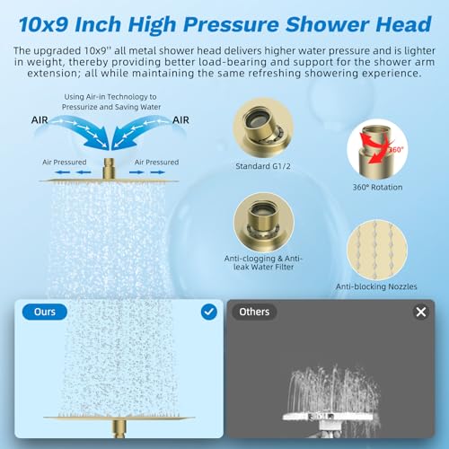 Image of Hibbent High Pressue All Metal 10 inch Rainfall Shower Head, Handheld 10-Spray | cUPC Certified Brushed Gold Dual Showerhead Combo, 4-way Diverter with Pause Mode, Brass Extension Arm, 71'' Hose & Holder