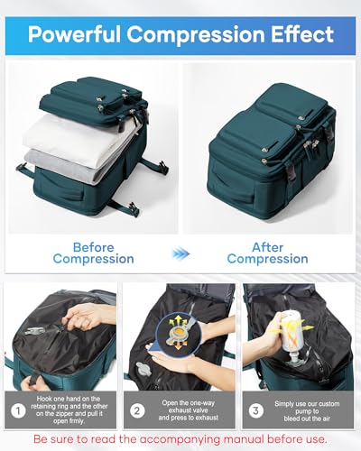 Image of Small Vacpack Backpack with Vacuum Seal Backpack Travel Air Back Backpacks with Pump Travel Backpacks Compression Bag Men Carry On Bag Flight Approved Women Weekender Hiking Work Daypack Peacock Blue