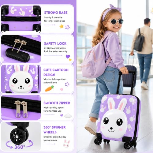 Image of Storite 18In Kids Luggage Trolley Hard Shell Cabin Suitcase | Cute Cartoon Bunny Design Suitcase Ideal For School Trips Vacations Holidays And Weekend Travel (Purple - 35 x 23 x 38 Cm)