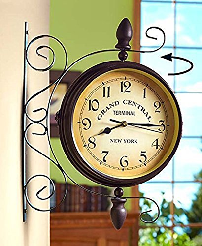 Wooch Wrought Iron Antique-Look Brown Round Wall Hanging Double Sided Two Faces Retro Station Clock Round Chandelier Wall Hanging Clock With Scroll Wall Side Mount Home Décor Wall Clock 8-Inch #TOP4