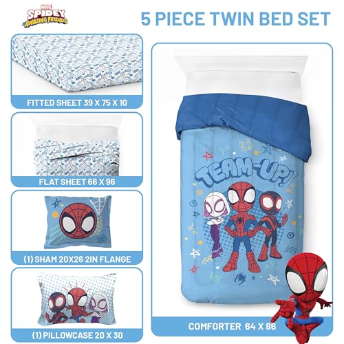 Image of Marvel Spidey and Friends Twin Comforter Set 5 Piece Kids Bedding, Blue | Ghost-Spider, Bed in a Bag, Comforter Sheets Sham Pillowcase, Official Product, Soft Microfiber, Machine Washable, Kids Gift