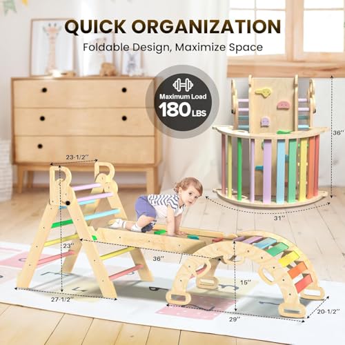 Image of Pikler Triangle Set, Foldable Baby Climbing Wooden Toys with Arch & Ramp & Ladder Climber Indoor Jungle Gyms Ideal for Toddlers Kids