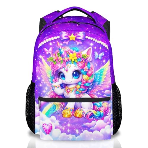 COOPASIA Girls Unicorn Backpack 17 Inch Kids Rainbow Bookbag | Water-Resistant Polyester Kindergarten School Bag with Multiple Organizer Pockets