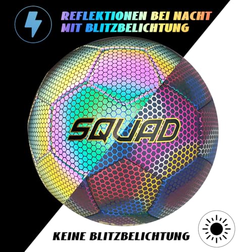 SQUAD Leuchtender Reflektierender Fußball Offizielle Größe 5 Holografisch Leuchtend im Dunkeln Fußball für Drinnen und Draußen - Ideal für Klein & Groß Fußballtraining Nachtspiele