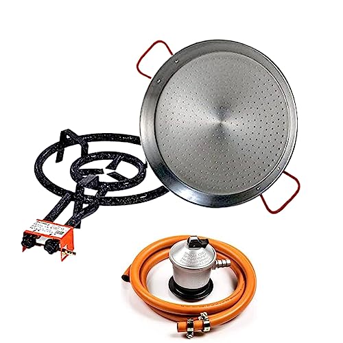 HER PRO Paellero de Gas de 40cm, Paellera de 42, Patas y Regulador con Manguera y Abrazaderas (Paellero, Paellera y regulador)