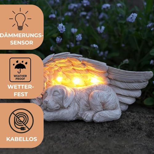 Festive Lights Hund Gedenkstein mit Engelsflügeln – 20 cm solarbetriebenes LED Grablicht, wetterfeste Grabdeko für Tiergrab, Trauerstein aus Kunstharz für Garten