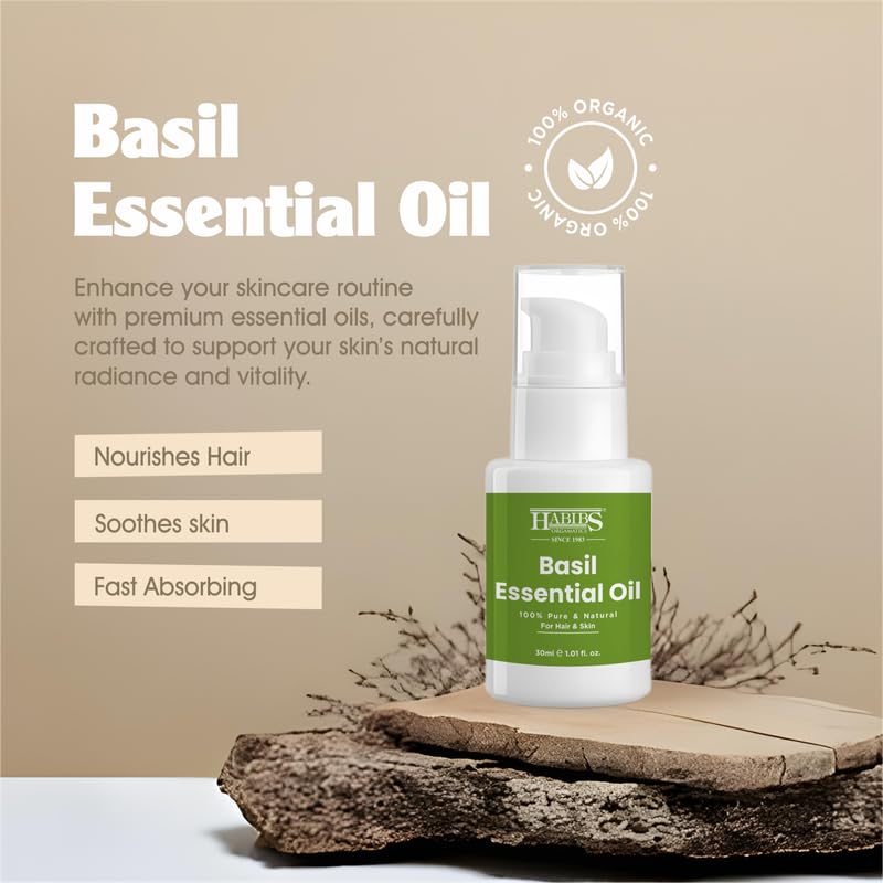 Image of Habibs Pure Basil Essential Oil - 100% Undiluted, Therapeutic Grade for Stress Relief & Mental Clarity 30ML