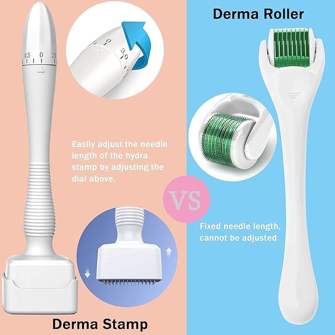 Image of Derma Stamp for Hair Growth Titanium Coated Adjustable Needles 0.25mm to 3mm 140 Microneedling Stamp for Skin Repair Face Hair and Beard Growth Reduces Acne Scars Safe and Effective to Use