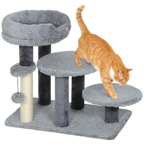 PawHut Katzentreppe 3-stufige Haustiertreppe mit Bett Ball Hundetreppe Tiertreppe für Katzen bis 5 kg Plüsch Grau 60 x 40 x 56 cm