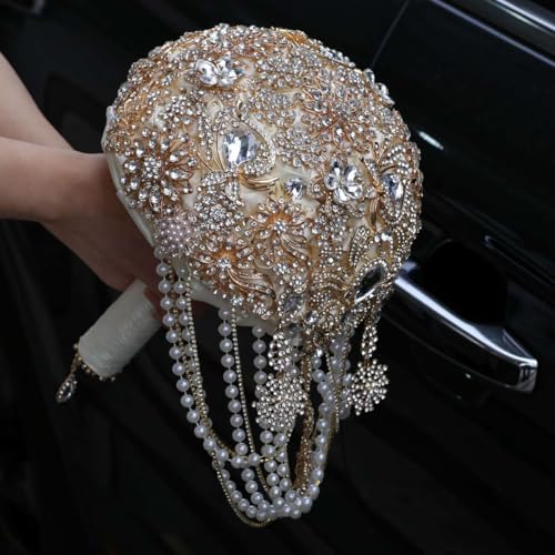 Image of MaxxCloud Luxury Gatsby-Inspired Vintage Wedding Golden Brooch Bouquets Handmade Sliver Bling Glam Wedding Bridal Bouquet
