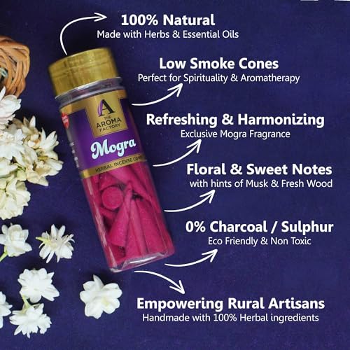 Image of The Aroma Factory Incense Dhoop Cone for Pooja, Mogra (100% Herbal & 0% Charcoal) 1 Bottle x 30 Cones