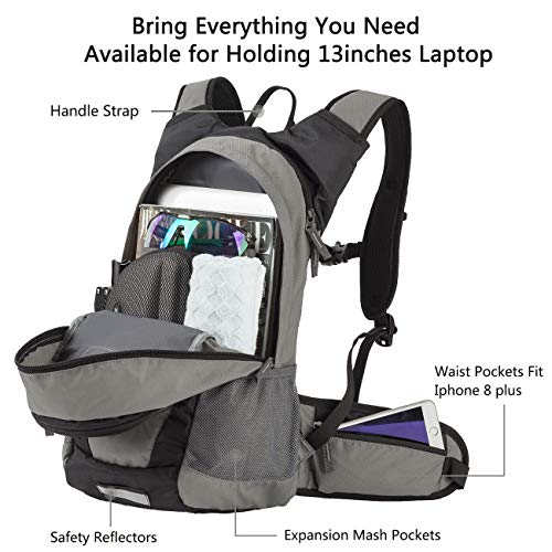 RUPUMPACK Insulated Hydration Backpack Pack with 2.5L BPA Free Bladder, Lightweight Daypack Water Backpack for Hiking Running Cycling Camping, Commuter, Fits Men, Women, Kids, 18L (Light Grey)