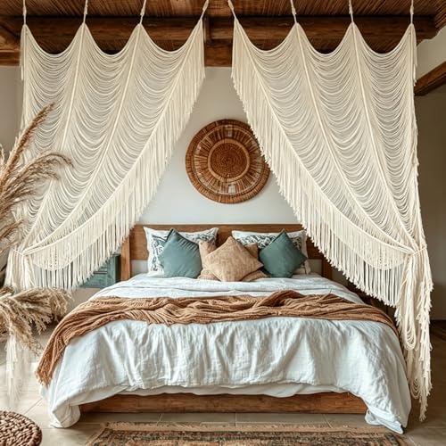 2 Panels Macrame Curtains 59" W x 75" H Boho Doorway Curtains Window Curtains Wall Hanging Handmade Fiber Yarn Art Woven Headboard Decor for Bedroom Living Room
