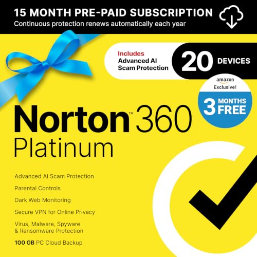 Norton 360 Platinum, Antivirus software for 20 Devices with Auto-Renewal – 3 Months FREE - Includes Advanced AI Scam Protection, VPN, Dark Web Monitoring & PC Cloud Backup [Download]