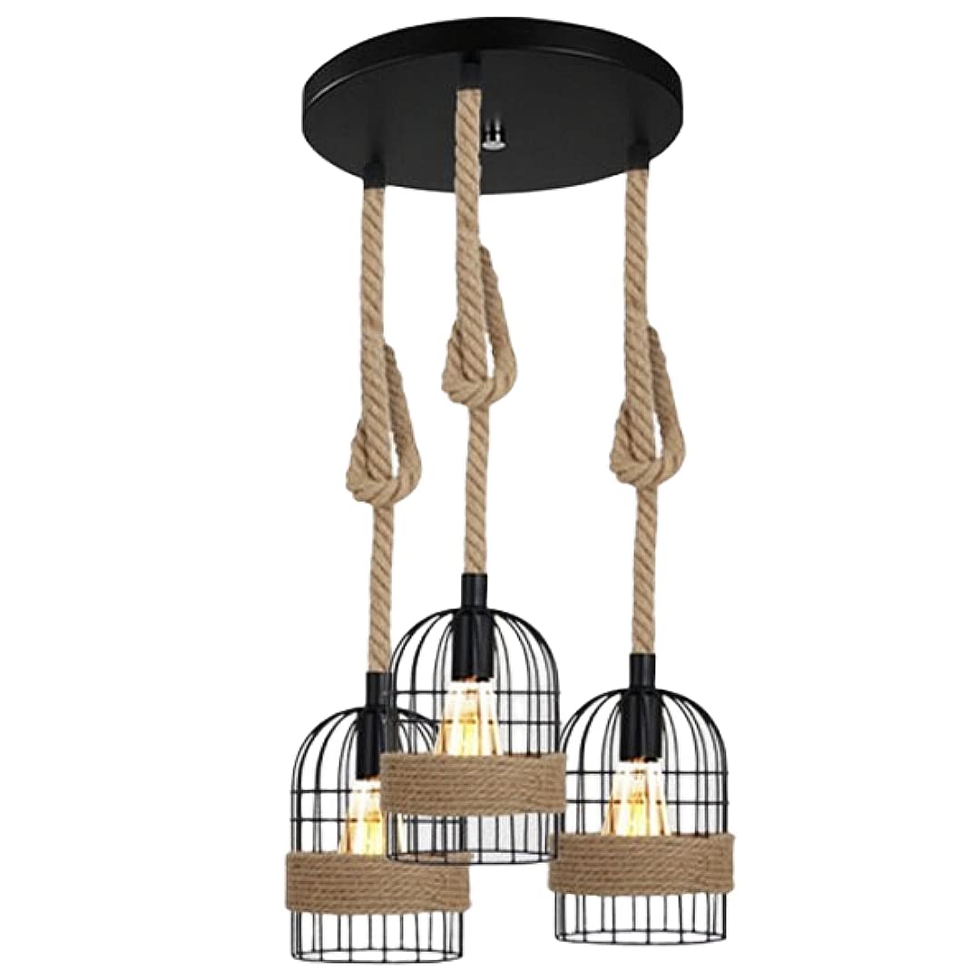 HUA QIANG WANG Vintage Hemp Rope Industrial Pendant light,Retro Woven Cage Iron Hanging Lamp for Kitchen Island Café Bar Resturant (3-Light)