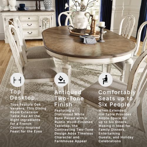 Image of Signature Design by Ashley Realyn Oval Dining Room Extension Table, Seats 6, Antiqued 2-tone Finish, Wood, Distressed White