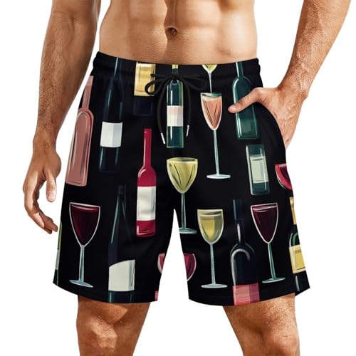 Wine Glass and Wine Bottle Beach Shorts for Men Swim Trunks Quick Dry Swim Shorts with Compression Liner Pocket
