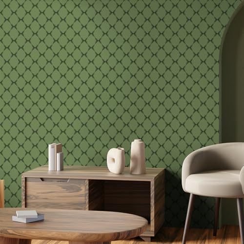 VaryFloral Green Rhombus Geometric Wallpaper Peel and Stick Vintage Mid Century Wallpaper Removable Abstract Square Grid Wall Paper for Bedroom Living Room 12"x118" Green Geometric Contact Paper by VaryFloral - Used condition - Image 5