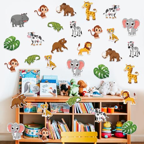 Image of 48Pcs Jungle Animal Cutouts Classroom Decor, Cute Safari Animals Cutouts Safari Party Decorations Animals Cardboard Paper Cutout for Theme Baby Shower Birthday Party Decor