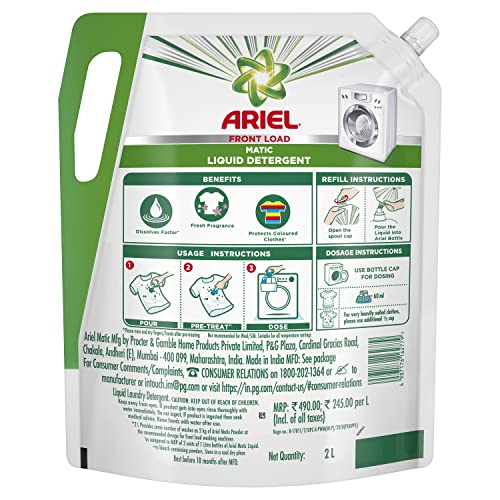 Image of Ariel Matic Liquid Detergent Front Load Refill Pouch, 2 Litre (Pack of 2)