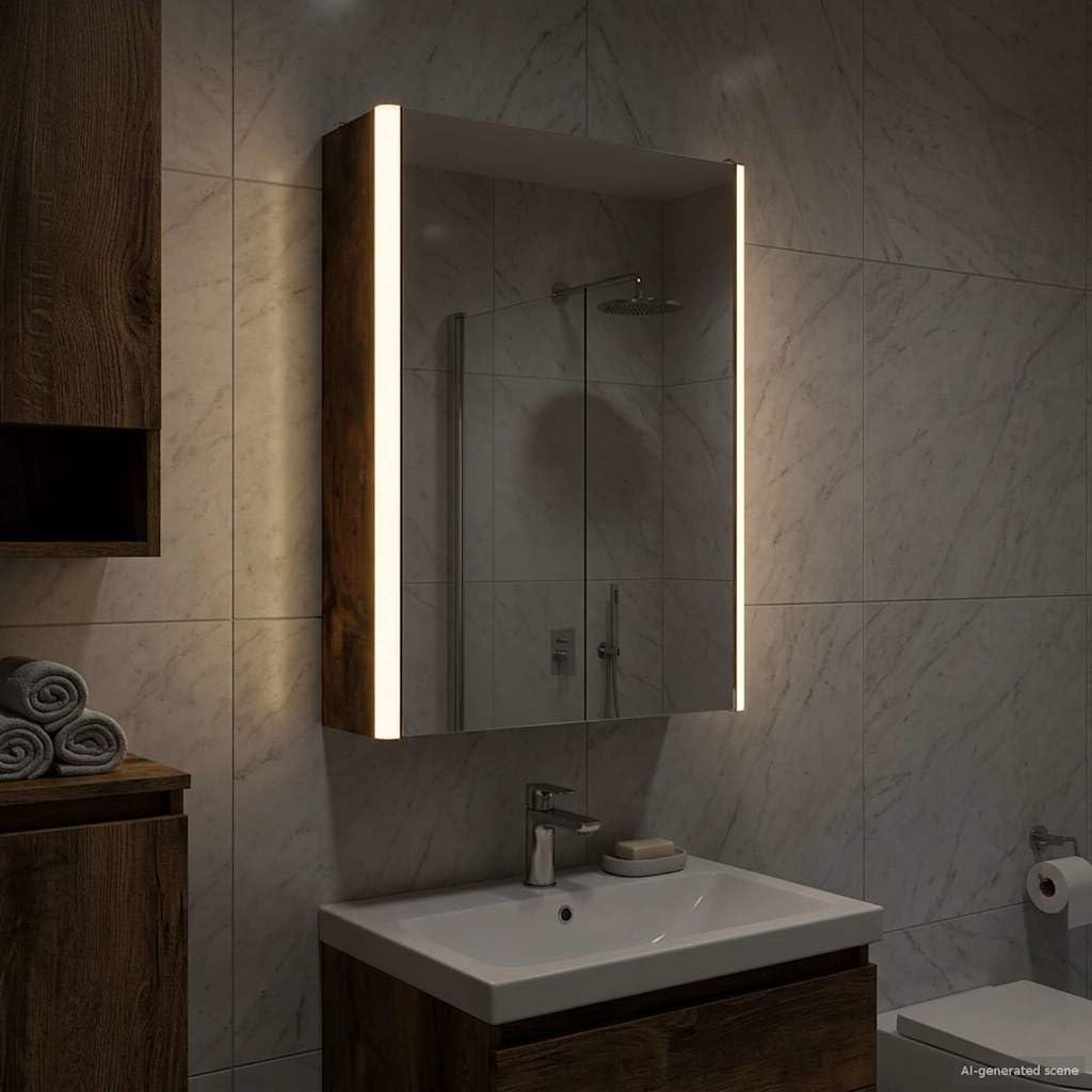 Szafka łazienkowa z lustrem wędzonego dębu, 33 x 11,5 x 50 cm, materiał drewnopochodny z oświetleniem LED, montaż na ścianie, regulowane regały, miejsce do przechowywania szafki pod umywalkę