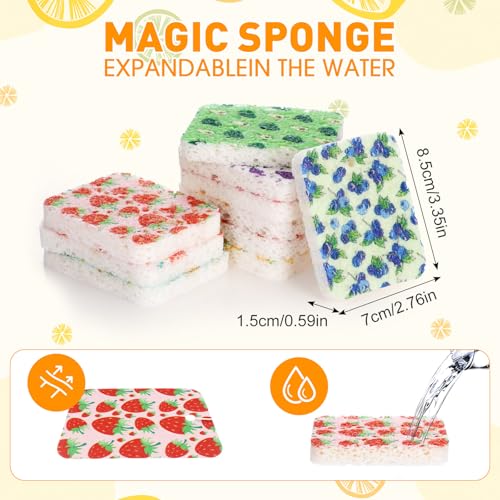 Image of Maxdot 50 Counts Compressed Cellulose Sponges Bulk Fruits Pattern Natural Kitchen Compostable Non Scratch Dish Sponges for Washing Dishes,Cleaning Countertop Sink,Kids DIY