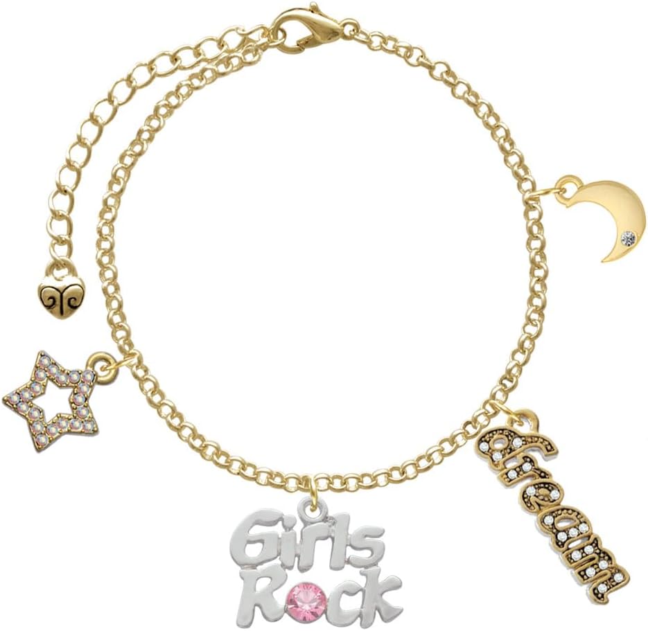 Delight Jewelry Silvertone Girls Rock with Light Pink Crystal - Goldtone Dream Big Charm Bracelet, 7.5+2" Extender