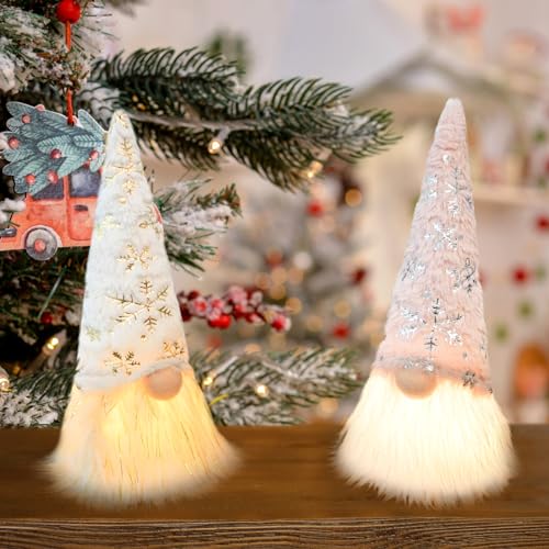 RD JIREDA 2 Pack Lighted Christmas Gnome Santa, Christmas Home Decorations, Battery Operated Winter Tabletop Decor, Light Up Elf Holiday Present, LED Elf Doll Gnome