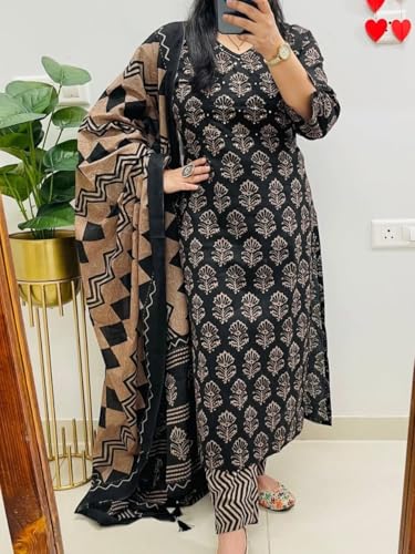 Image of Rangnavi Women's Cotton Trending Straight Kurta with Pants and Dupatta Set | Ethnic Set (Teal)