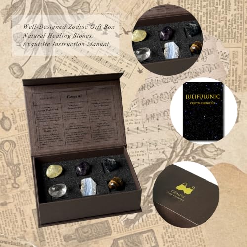 Juliful Unic Gemini Zodiac Energy Set - 6 Authentic Crystals for Adaptability, Clarity & Manifestation Gift for Practitioners & Zodiac Enthusiasts Rainbow Fluorite + 5 More in Elegance Box — view 6