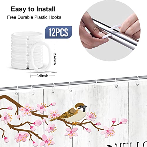 Yookeb Hello Spring Truck Flower Floral Bathroom Shower Curtain Cherry Blossom Birds Nature 60W By 71H Inch Polyester Fabric 12 Plastic Hooks Waterproof Decor #TOP3