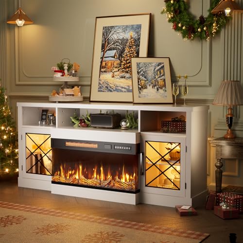 BREEZEHEAT 65" Fireplace TV Stand, 3 Sided Glass Fireplace Entertainment Center for TVs up to 75'' w/Storage Cabinet, Glass Door, Adjustable Flame LED