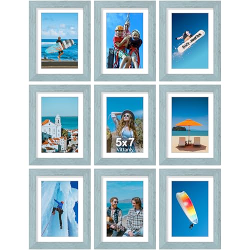 Vittanly 5x7 Picture Frames Set of 9, Wall & Tabletop, Rustic Blue