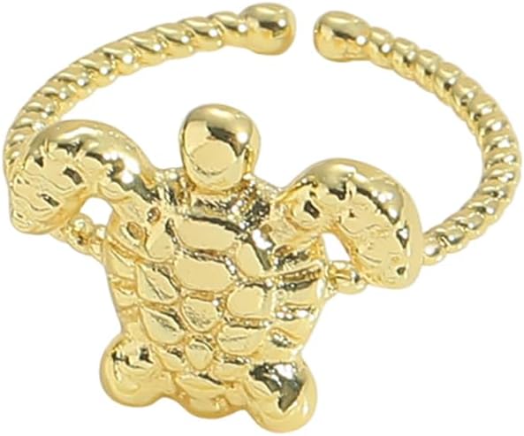 Cute Sea Turtle Open Statement Ring for Women Gold Plated Tortoise Knuckle Finger Adjustable Twisted Band Thin Rings Stackable Fashion Ocean Animal Boho Vacation Summer Beach Trendy Jewelry