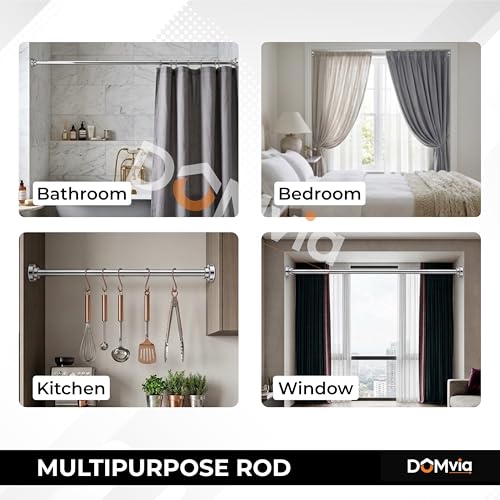 Image of Adjustable Curtain Rod Without Drilling | Extendable Curtain Rod | Stainless Steel | Anti-Skid | 80-140 CM | For Bathroom, Window & Wardrobe - Silver