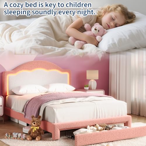Image of GarveeHome Bed Frame with LED Headboard for Kids, Sherpa Upholstered Platform Bed Frame with Storage Drawer and Wood Slat Support, No Box Spring Required, Easy to Assemble (Pink, Full)