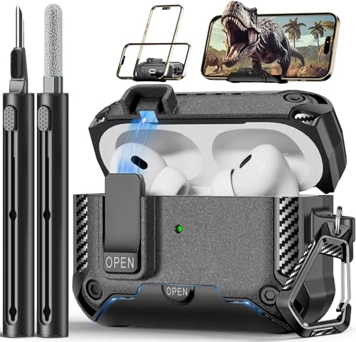 Image of for AirPods Pro 2nd /1st Case with Phone Stand,(Automatic Snap Switch Lock) Carbon Fiber Texture Design Cover with Cleaner Kit -Grey