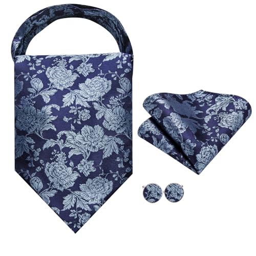 Image of Hi-Tie Silk Ascot for Men Self Tie Men's Cravat and Flower Lapel Pin Handkerchief Cufflinks Set for Wedding Party