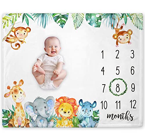 Image of Popfavors Safari Jungle Baby Monthly Milestone Blanket, Giraffe Elephant Baby Growth Chart Monthly Blanket, Includes Marker (Blue, 50 inches x40 inches)