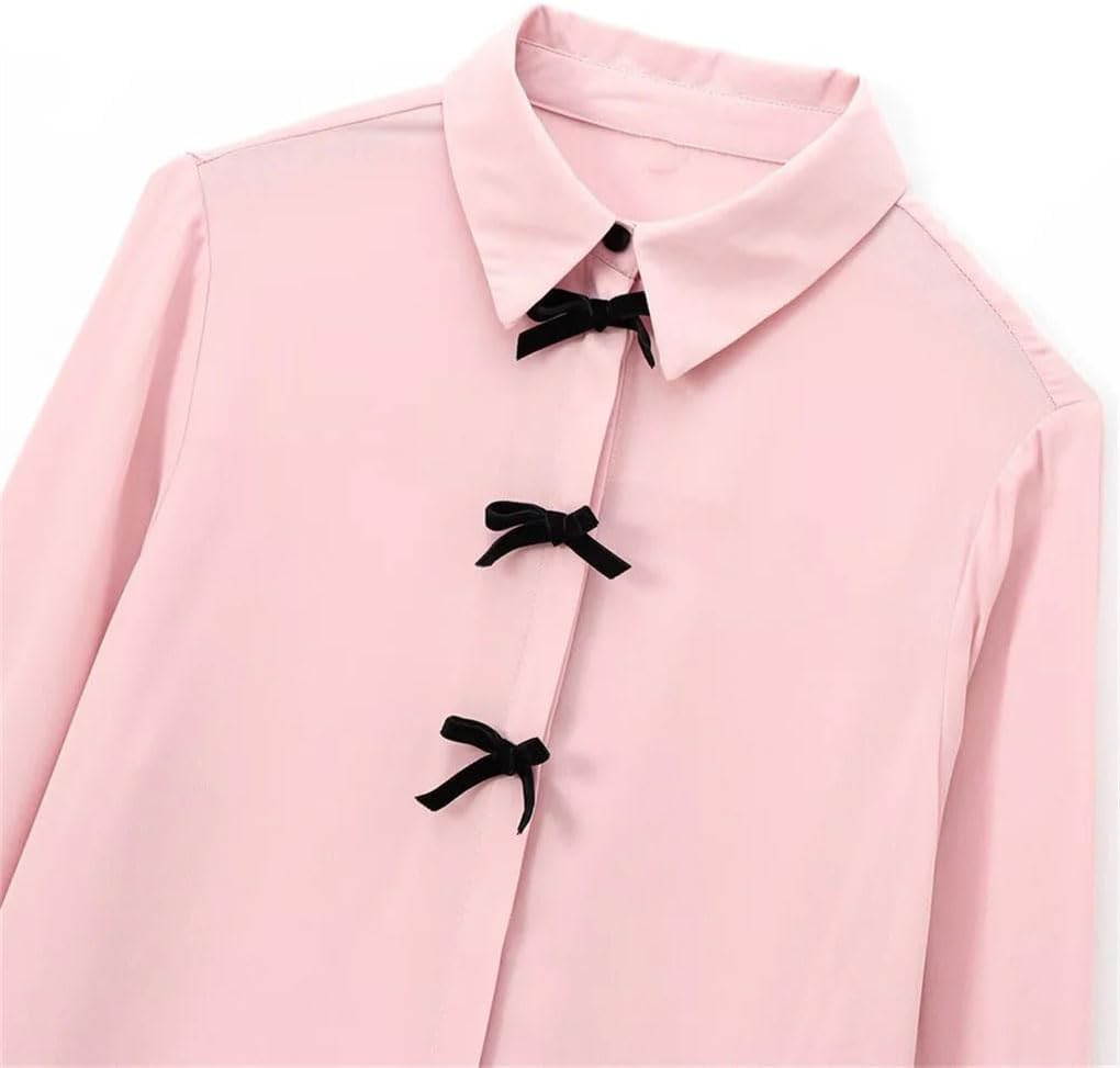 Women's Long Sleeved Collar Single Breasted Shirt with Bow Decoration